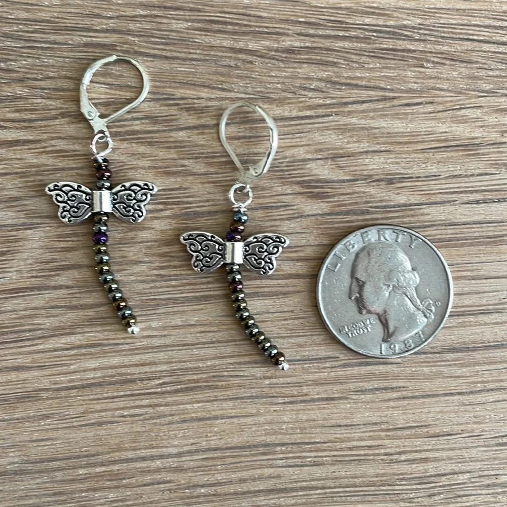 HAND CRAFTED DRAGONFLY EARRINGS Brown Iris Seed Beads Silver Plated Wings